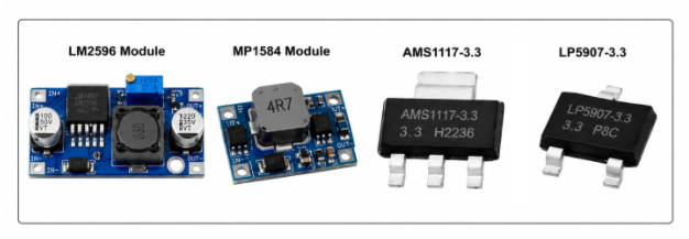 Common regulator IC examples: LM2596, MP1584, AMS1117, and LP5907